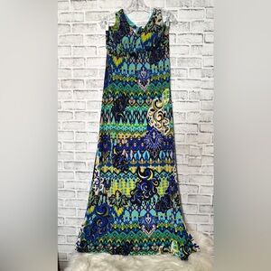 Bisou Bisou Blue and Green Patterned Maxi Dress halter style neckline size 8‎